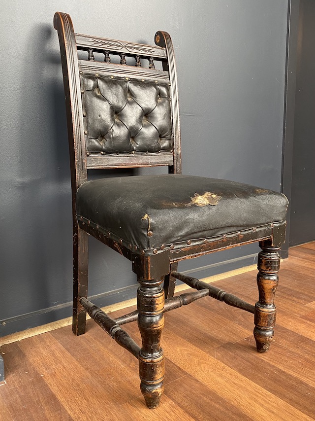 CHAIR, 1900s Black Leather Seat & Buttoned Back Rest 